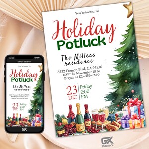 Könnte beinhalten: Eine digitale Einladung zu einem Weihnachts-Potluck im Haus der Millers. Die Einladung zeigt eine Aquarell-Illustration eines Weihnachtsbaums mit Geschenken, Weinflaschen und Gläsern. Der Text lautet "Holiday Potluck" in rot und grüner Schrift. Datum und Uhrzeit der Veranstaltung sind als "23 DIC Friday 2:00 PM" angegeben. Die Adresse und die RSVP-Informationen sind ebenfalls enthalten.