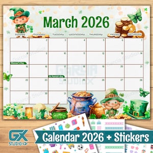 Kalender maart 2026 afdrukbaar St. Patricks Day-thema, schattige kabouter maandelijkse planner, bewerkbare pdf-sjabloon, kalender voor kinderen en volwassenen