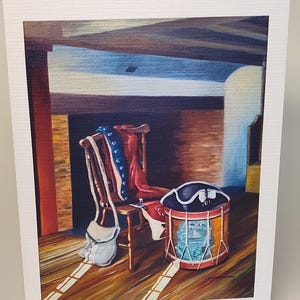May include: A painting of a wooden chair with a red, white, and blue uniform draped over it. A white bag hangs from the chair. A drum with a blue and white design sits on the floor next to the chair. A black hat sits on top of the drum.