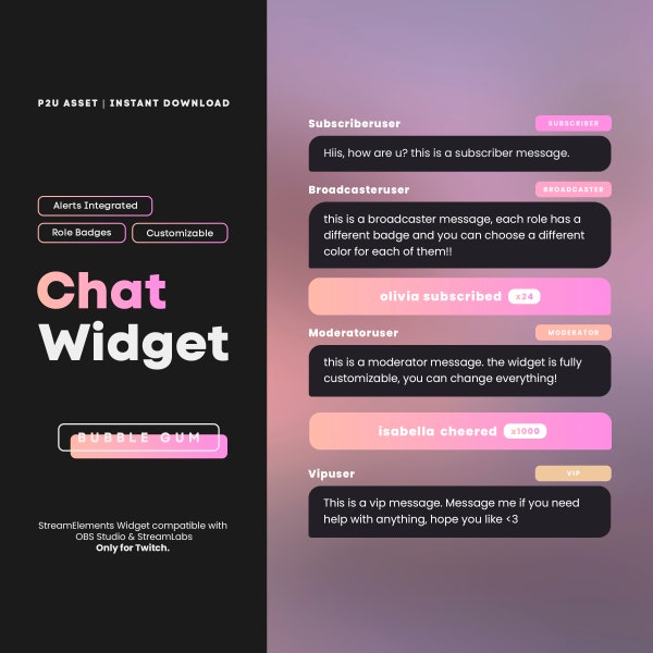 Bubble Gum: Chat Widget with Alerts Integrated | Customizable with Gradient option for Twitch Streams (StreamElements OBS)