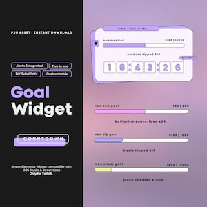 Peut inclure: Un widget de but violet et blanc avec un compte à rebours. Le widget est conçu pour les streamers Twitch et comprend des fonctionnalités telles que des alertes, des objectifs de souscription, des objectifs de pourboire et des objectifs de cheer. Le widget est personnalisable et peut être utilisé pour les subathons.