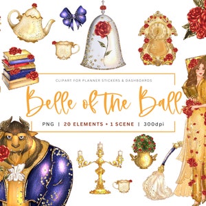 Belle en Beest klassieke liefde clipart bundel: transparante PNG, kaart maken, scrapbooking, papercraft, kinderfantasie sprookjesdecor