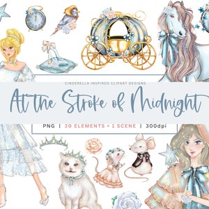 Het meisje in glazen schoenen clipartbundel: transparante PNG, kaart maken, J scrapbooking, papercraft, kinderfantasie sprookjesdecor