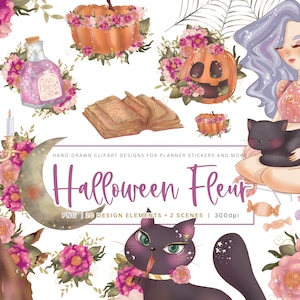 ハロウィーン フルール クリップアート バンドル - 透明 PNG、カード作成、ジャンク ジャーナル、スクラップブッキング、ペーパー クラフト、かわいい女の子のファンタジー、商用利用