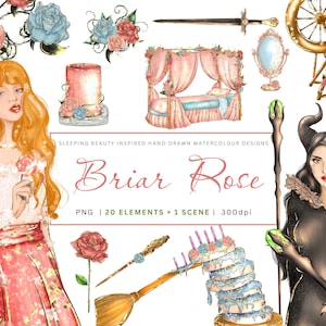Briar Rose Fairy Tale Clipart Bundle: transparante PNG, kaart maken, scrapbooking, papercraft, kinderfantasie sprookjesdecor