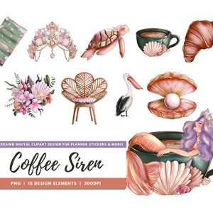Kaffee Sirene Clipart Bundle - transparente PNG, Kartenherstellung, Junk Journal, Scrapbooking, Papercraft, hübsche Mädchen Fantasie, kommerzielle Nutzung