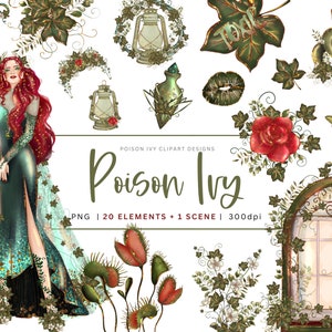 Mystical Guardian Poison Ivy Clipart: Fantasy Vigilante & Carnivorous Plants PNG, Hand-Drawn. Instant Download, Commercial Use.