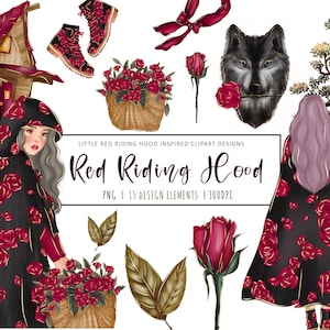 Betoverende Red Riding Hood Clipart: transparante PNG, kaart maken, junk Journal, scrapbooking, papercraft, kinderfantasie sprookjesdecor
