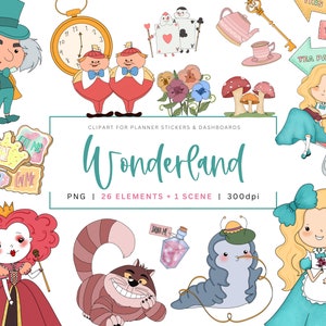 De avonturen in Wonderland clipartbundel: transparante PNG, kaart maken, scrapbooking, papercraft, kinderfantasie sprookjesdecor