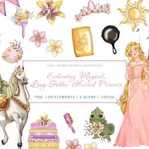 Betoverende magische, langgouden haren prinses-transparante PNG, kaart maken, scrapbooking, papercraft, kinderfantasie sprookjesdecor