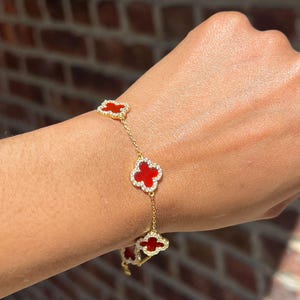 Sterling Silver four motif clover bracelet red agate, elegant minimalist bracelet for everyday wear, 18k gold plated bracelet for women
