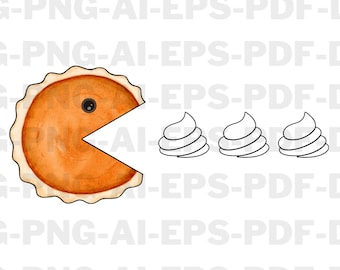 Peut inclure: Une tarte à la citrouille brune et orange en forme de Pac-Man avec une bouche ouverte, mangeant trois volutes blanches de crème fouettée.