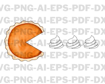 May include: A digital illustration of a pie slice with a Pac-Man-like design, consuming three swirl-shaped objects. The pie is orange with a crust, and the other objects are outlined in black. The background has the text "SVG-PNG-AI-EPS-PDF-DXF".