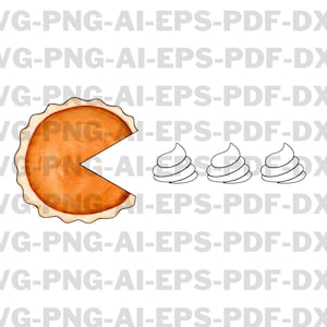 Peut inclure: Illustration num&eacute;rique d'une part de tarte avec un design Pac-Man, consommant trois formes en spirale. La tarte est orange avec une cro&ucirc;te, et les autres objets sont des contours noirs. Le fond a le texte "SVG-PNG-AI-EPS-PDF-DXF".