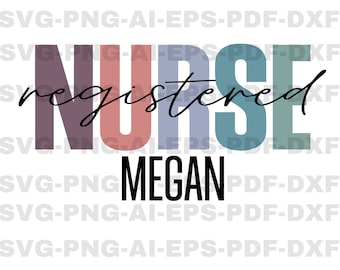 May include: A colorful graphic design with the text "registered nurse" in black script and the name "MEGAN" in black block letters. The word "NURSE" is in a rainbow of colors, with each letter a different color.