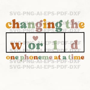 May include: A colorful graphic design with the text "changing the world one phoneme at a time". The words "world" are separated into individual boxes with a heart in the middle box.