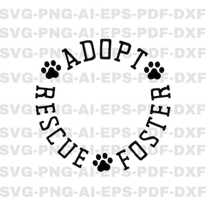 Könnte beinhalten: Schwarzweißes Grafikdesign mit den Worten "Adoptieren, Retten, Pflegen" in einem Kreis um zwei Pfotenabdrücke angeordnet.