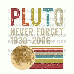 Może przedstawiać: Grafika w stylu retro z tekstem "PLUTO NEVER FORGET 1930-2006" w stylu retro. Grafika przedstawia stylizowane zdjęcie Plutona, planety w naszym Układzie Słonecznym, na tle kolorowych pasków.