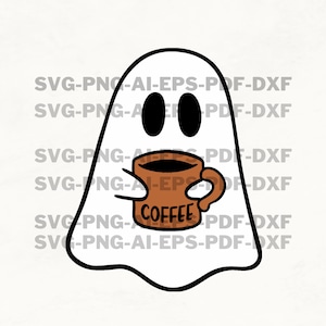 Könnte beinhalten: Illustration eines weißen Geistes mit schwarzen Augen, der eine braune Kaffeetasse hält. Auf der Tasse steht das Wort "COFFEE". Das Bild ist ein digitales Design, ideal für Halloween oder Kaffeeliebhaber.