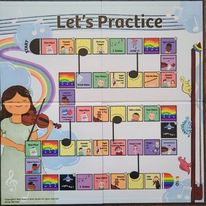 May include: A colorful game board with a rainbow and musical notes. The board features a path with different activities for practicing the violin, such as "Stick out Tongue", "2 Scales", "Jump 5", "Eyes Closed", "Drink Water", "Right Hand Exercise", "Flip the Bow", "Parents' Choice", "New Piece", "Balance & Tag", "With a Smile", "Your Choice", "Lights Out", "Parents' Choice", "Right Hand Exercise", "Rest 1 min - Listen to Music", "Dance 1 min", "Wiggle 30 sec", "Super Focus", "Listen to New Piece", "Your Choice", "Balance & Tag", "Take a Bow", "Lights Out", "2 Scales". The board is designed for children learning to play the violin.