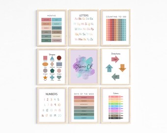 Educational Classroom Posters, 8 Colorful Homeschool Prints, Montessori Classroom Decor, Playroom Decor, Kids Nursery, Wall Art Print
