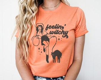 Feelin Witchy Halloween-shirt, western grafisch T-shirt, T-shirt Spooky Season, herfstshirts voor vrouwen, retro Halloween, kattenshirt, Witchy-kleding