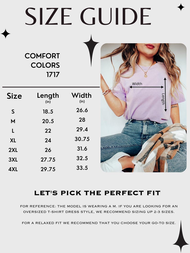 K&ouml;nnte beinhalten: Gr&ouml;&szlig;entabelle f&uuml;r ein T-Shirt-Kleid mit Ma&szlig;en in Zoll. Die Tabelle zeigt die L&auml;nge und Breite des Kleides in Zoll f&uuml;r die Gr&ouml;&szlig;en S bis 4XL. Das Model tr&auml;gt Gr&ouml;&szlig;e M.  "Let's pick the perfect fit" steht unter der Tabelle.  "Zur Orientierung: Das Model tr&auml;gt Gr&ouml;&szlig;e M. Wenn Sie ein T-Shirt-Kleid in &Uuml;bergr&ouml;&szlig;e suchen, empfehlen wir Ihnen, 2-3 Gr&ouml;&szlig;en gr&ouml;&szlig;er zu w&auml;hlen. F&uuml;r eine lockere Passform empfehlen wir Ihnen, Ihre gewohnte Gr&ouml;&szlig;e zu w&auml;hlen."