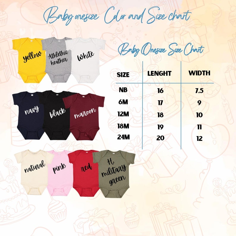 May include: A color chart for baby onesies, featuring various colors like yellow, navy, and pink. The chart includes a size guide with measurements in inches for length and width, ranging from newborn to 24 months.