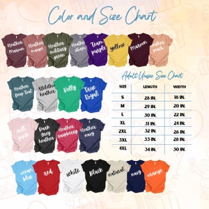 May include: A color and size chart for adult unisex t-shirts. The chart displays various shirt colors, including heather maroon, yellow, and black. The size chart shows measurements in inches, with sizes ranging from S to 4XL.