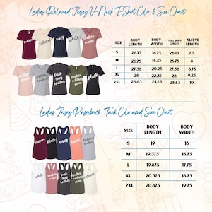 May include: A chart displaying the color and size options for women's relaxed jersey V-neck t-shirts and racerback tank tops. The t-shirts come in various colors, including maroon, navy, and black. The size chart provides measurements in inches for body length, width, and sleeve length.