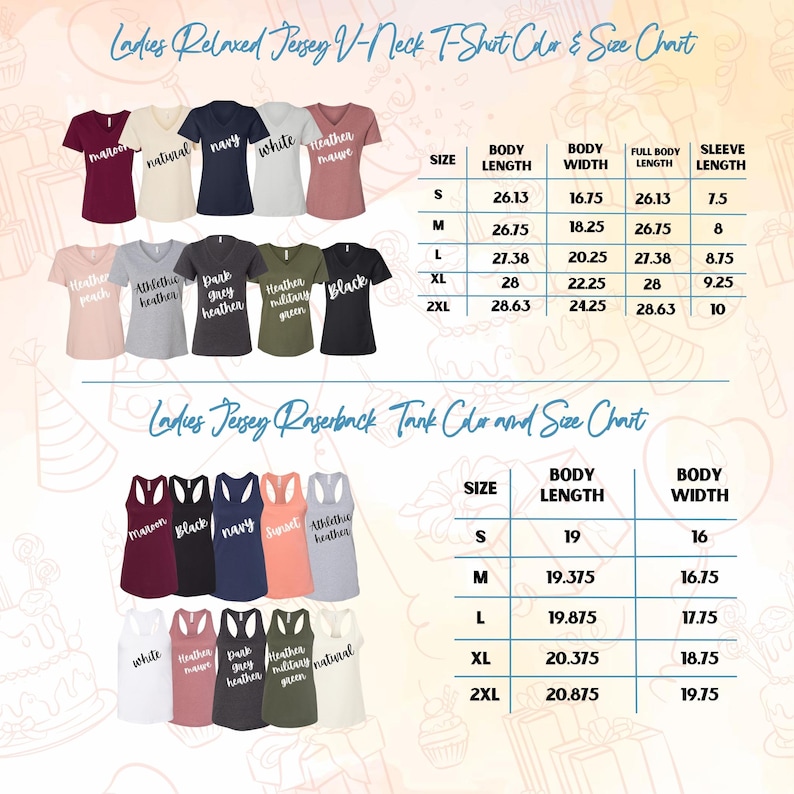 May include: A chart displaying the color and size options for women's relaxed jersey V-neck t-shirts and racerback tank tops. The t-shirts come in various colors, including maroon, navy, and black. The size chart provides measurements in inches for body length, width, and sleeve length.
