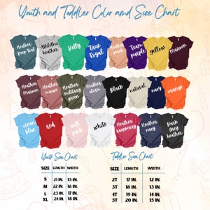 May include: A color and size chart for youth and toddler t-shirts. The chart displays various shirt colors, including heather deep teal, black, and orange. Size measurements are provided in inches for both youth and toddler sizes.