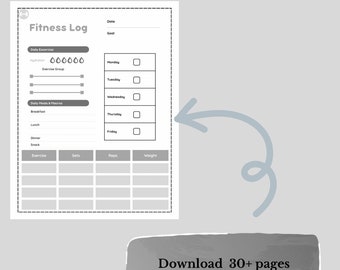 May include: A black and white printable fitness log with a dumbbell icon. The log includes sections for daily exercise, hydration, exercise group, daily meals and macros, and a workout log with columns for exercise, sets, reps, and weight.