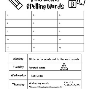 May include: A black and white spelling words worksheet with the title "This Weeks Spelling Words". The worksheet includes numbered boxes for spelling words, and daily activities like "Pyramid Write" and "ABC Order". A pencil and alphabet blocks are also shown.