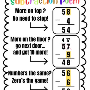 May include: A colourful poster with the title "Subtraction Poem" and three subtraction problems with rhymes to help learn how to subtract. The first problem is 58 - 4 = 54. The second problem is 57 - 9 = 48. The third problem is 56 - 6 = 50.