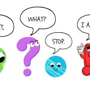 May include: A colourful cartoon illustration with speech bubbles. Characters include a green blob, a purple question mark, a blue circle, and a red exclamation mark. The speech bubbles say "WAIT," "WHAT?", "STOP.", and "I AGREE!"