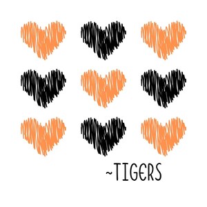 May include: Nine heart shapes, alternating between orange and black, are arranged in a 3x3 grid on a white background. The word "~TIGERS" is written in black script below the hearts.