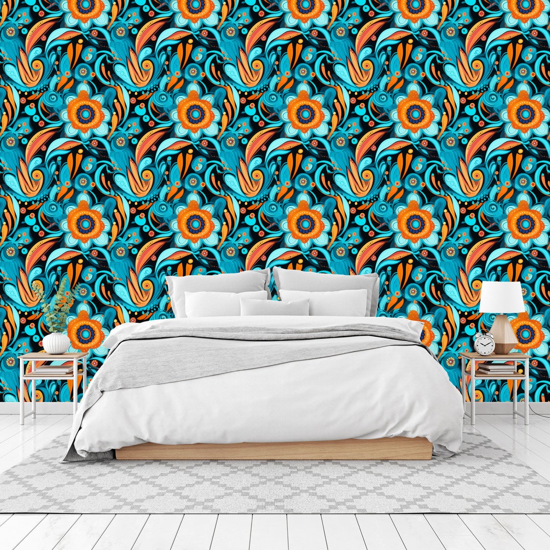 Psychedelic Colorful Flowers Wallpaper Peel and Stick Orange - Etsy