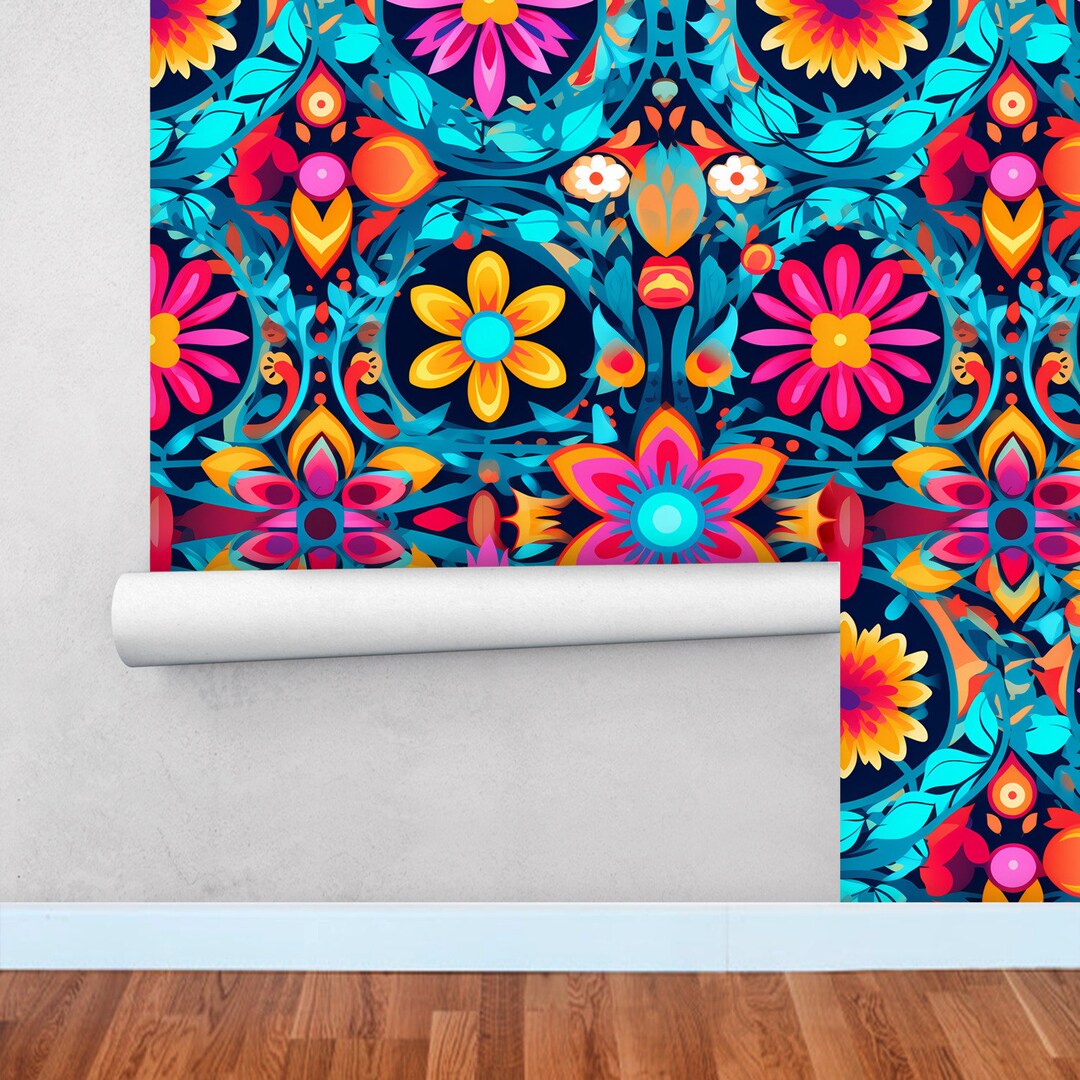 Psychedelic Colorful Flowers Wallpaper Peel and Stick Rainbow Color