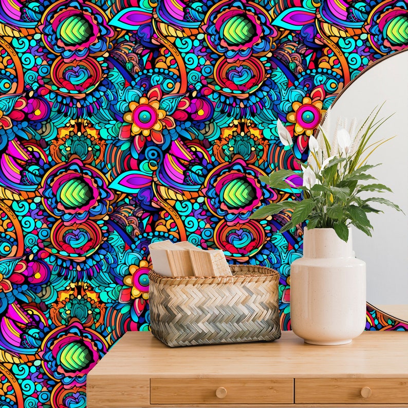 Psychedelic Colorful Wallpaper Peel and Stick - Etsy