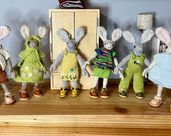 Knitted Miniature Posable Rabbit Doll with Wired Fingers and Rabbit's Clothes