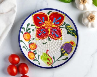 Handmade Ceramic Garlic Grater: Multi-Purpose Kitchen Tool | 3 Piece Grater Set | Red Flower Pattern