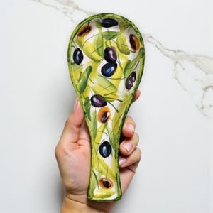 Hand-Painted Ceramic Olive Spoon Rest: Mediterranean Kitchen Decor