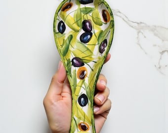 Hand-Painted Ceramic Olive Spoon Rest: Mediterranean Kitchen Decor