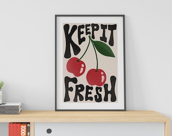 Retro 70s Typographic Cherries Wall Art, Room Decor, Printable Art, Digital Download, Aesthetic Trendy Quote Affirmation