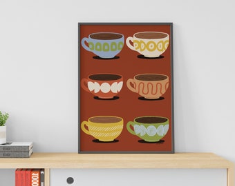 Retro Midcentury Coffee and Tea Cup Wall Art, Artsy Room Decor, Printable Art, Digital Download, Trendy Aesthetic Vintage Coffee Cup Art