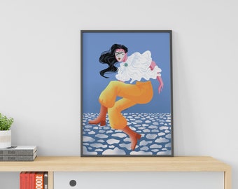 Floating Girl in a Blue Sky Wall Art, Woman Portrait Art, Artsy Room Decor, Printable Art, Aesthetic Digital Download, Funky Trendy Art