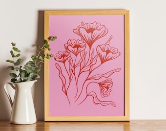 Funky Flower Botanical Wall Art, Artsy Room Decor, Printable Art, Digital Download, Aesthetic Trendy Minimalist Line Art Poppy Flowers