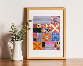 Stampa artistica con motivo a blocchi di patchwork, decorazione rustica per cottage (download digitale)