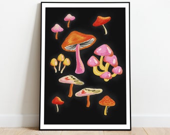 Funky Retro 70s Mushroom Wall Art, Artsy Room Decor, Printable Art, Digital Download, Trendy Aesthetic Groovy Mushroom Art